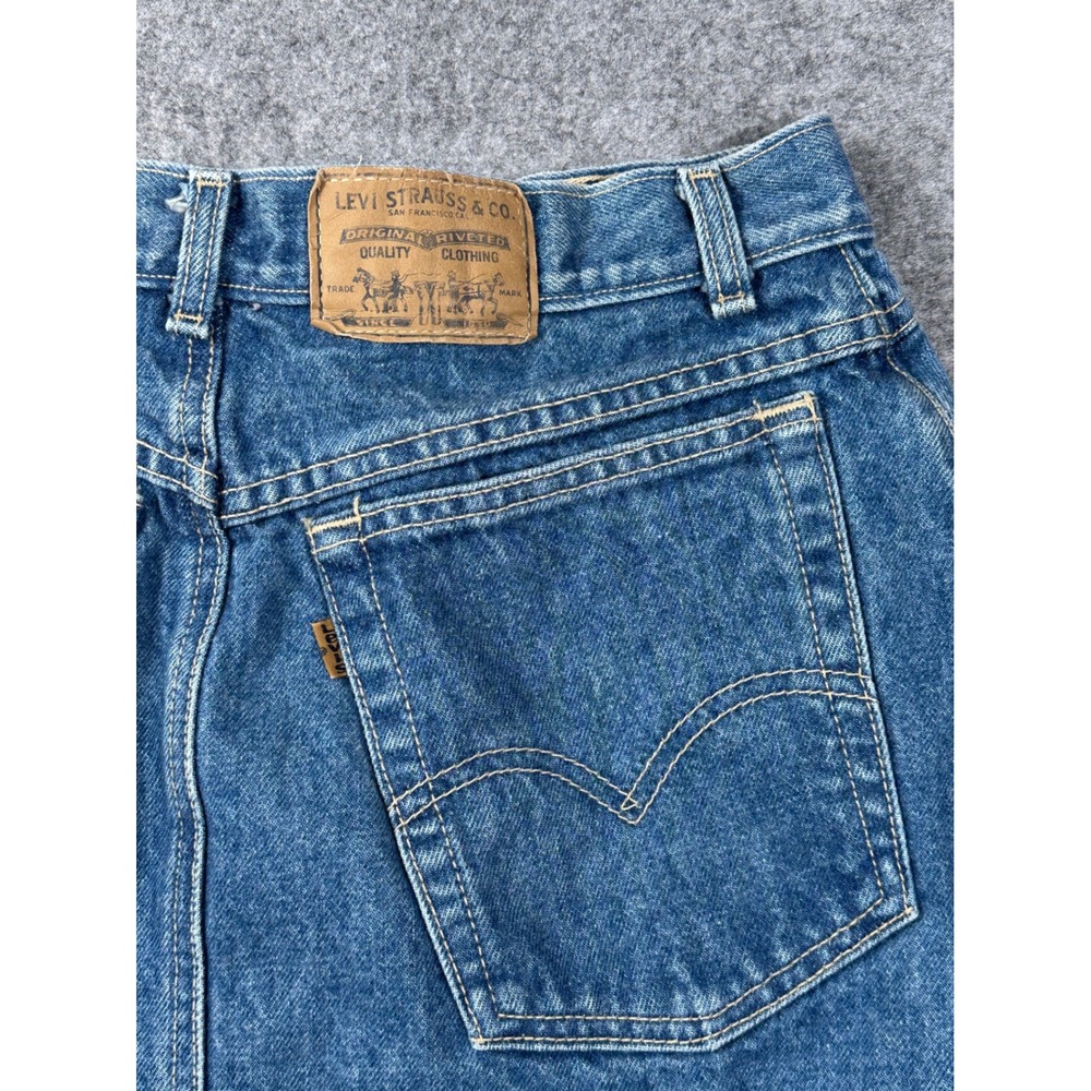 Vintage Levis Denim Maxi Skirt Womens 13 Medium Wash Orange Tab Made in USA 28w